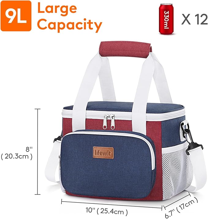 Lifewit Medium Lunch Bag, Insulated Lunch Box, Soft Cooler Cooling Tote for Adult Men Women, White and Red and Blue 12-Can (9L)