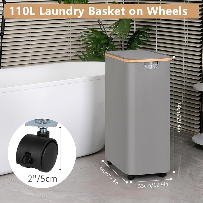 iEGrow Laundry Basket with Wheels, 110L Clothes Hamper for Laundry, Laundry Hamper with Bamboo Lid and Inner Bag, for Laundry Room, Bedroom, Dormitory Storage,Pink