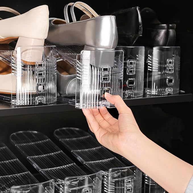 Shoe Slots Organizer 12 Pack - Shoe Stacker,3 Levels Adjustable,Space Savers 50%,Double Layer Holders for Closet (Transparent),Organizador de Zapatos
