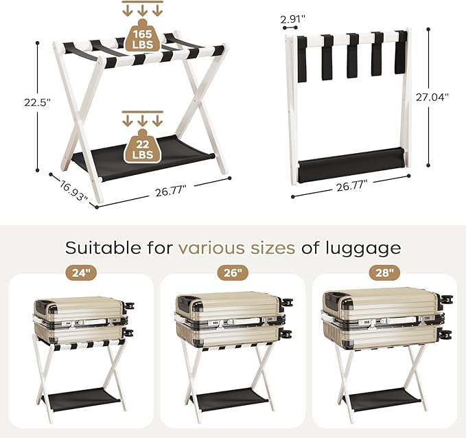 oakvivo Fully Assembled 2 Pack Luggage Rack with Fabric Storage Shelf, 26.77" Bamboo Folding Luggage Rack for Guest Room, Luggage Stand Holder, Thickened Suitcase Stand Holds up to 165 Lbs, White