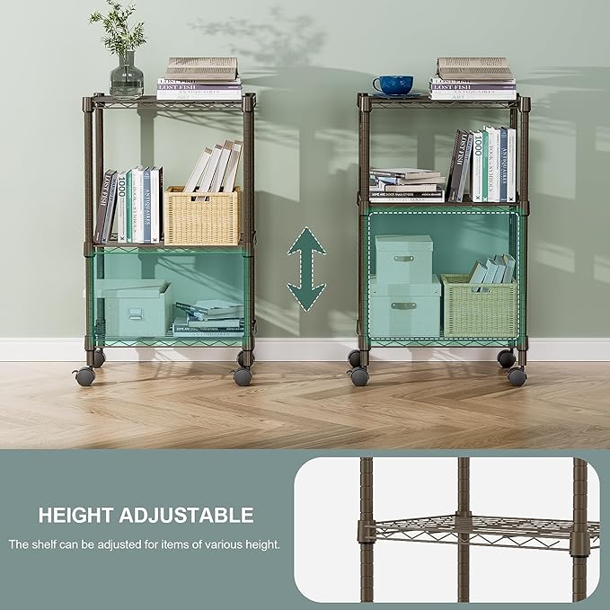 M MZG 3 Tier Shelf Metal Storage Shelves Wire Rack Closet Organizers with Wheel for Garage Kitchen Bathroom Laundry Brown 11.8" D x 17.7" W x 29.8" H