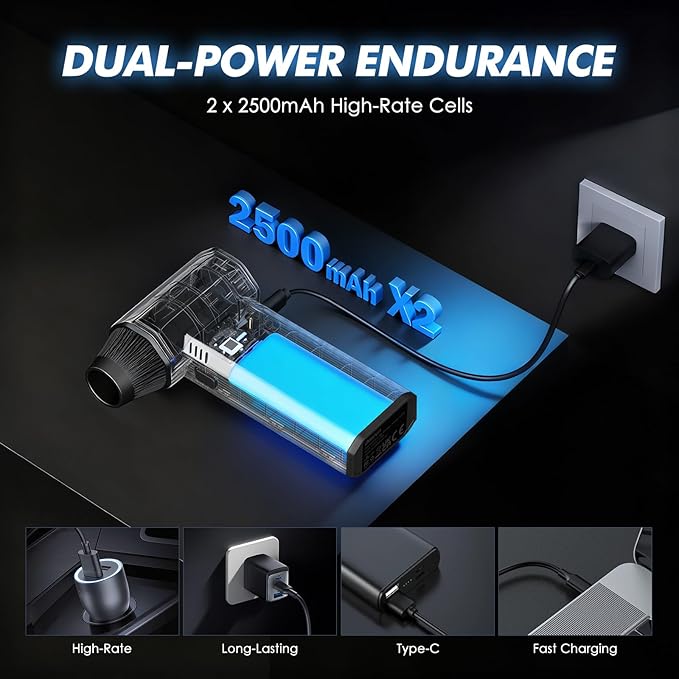 Electric Air Duster - 110,000 RPM Compressed Air Duster, 120W Cordless Air Blower for Computer Keyboard，House, Outdoor & Car, 3-Speed Rechargeable Mini Turbo Fan, Type-C Fast Charge (X113)