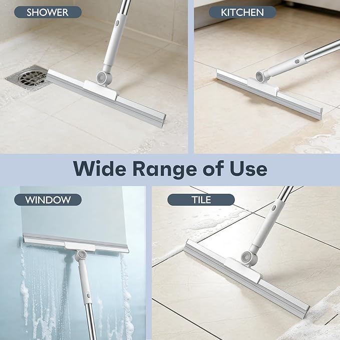 nacena Floor Squeegee, 52-in Adjustable Long Handle Squeegee for Floor Water Removal 180° Rotatable Head Squeegee Broom for Cleaning Window Shower Glass Tile Garage Concrete Pet Hairs, Grey&White