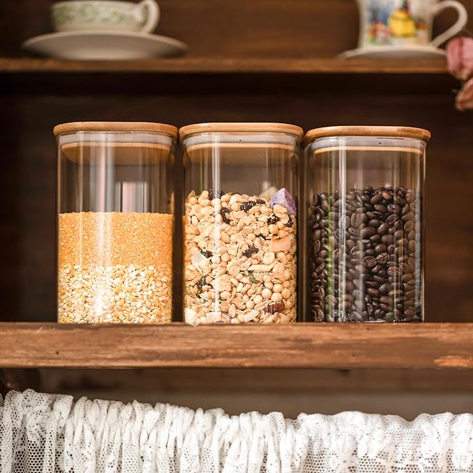 Glass Food Storage Jars 37 oz Set of 6,Glass Storage Containers Clear Glass Food Canister with Bamboo Lid Airtight For Serving Tea, Coffee, Flour, Sugar, Candy, Cookie, Spice and More (Square)