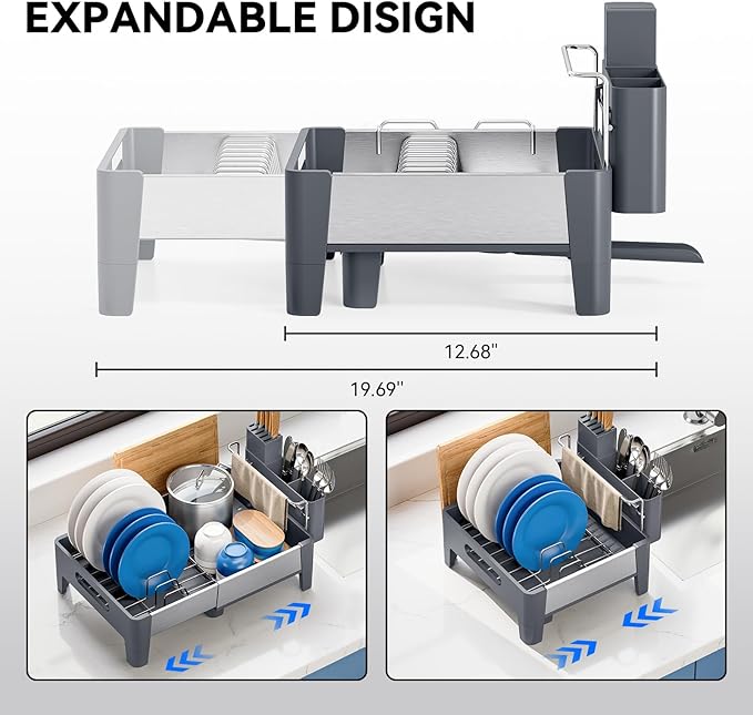 Urackify Expandable Dish Drying Rack, Stainless Steel Dish Rack with Aluminum Frame, Dish Drainer for Kitchen Counter, Space Saving Kitchen Drying Rack with Movable Utensil Holder, Gray