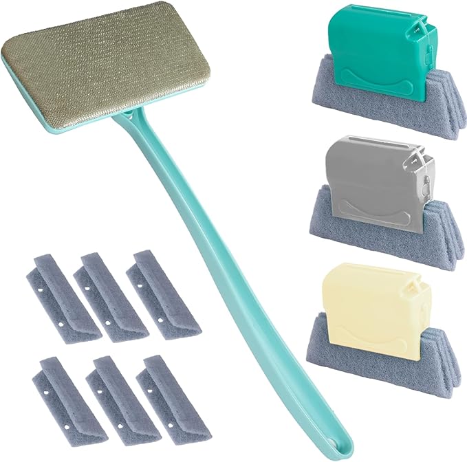 Window Screen Cleaner & Track Cleaning Kit – Mesh Screen Cleaning Brush + 3 Groove Brushes & 6 Replacement Cleaning Cloths – 14.8″ Detachable Long-Reach Handle, Wet & Dry Dual-Use