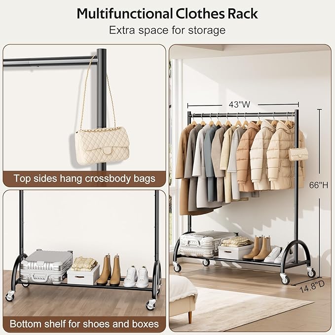 MISSLO Heavy Duty Clothing Rack with Wheels Rolling Clothes Racks for Hanging Clothes, Coats, Garment, Dress, Black