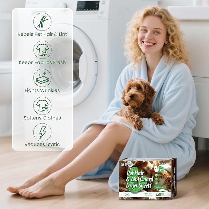 Pet Hair Dryer Sheets (150 Count), Pet Hair Remover for Laundry, Lint Guard Dryer Sheet 3X Repels Dog and Cat Hair & Lint, Fragrance-Free Fabric Softener Sheets for Static & Wrinkle Reduction