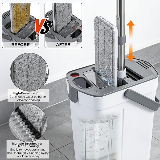 Mop and Bucket Set, 50" Flat Mop and Bucket System for Floor Cleaning, Separate Dirty and Clean Water, 4 Microfiber Pads Included, Wet and Dry Use, for Cleaning All Floor Types and Windows