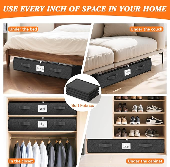 SpaceWhisper 90L Under Bed Storage Containers, 4-Pack Storage Bins with Clear Top, Foldable Closet Organizers and Storage with Label Holder for Clothing, Blankets, Comforter & Pillows(Black)