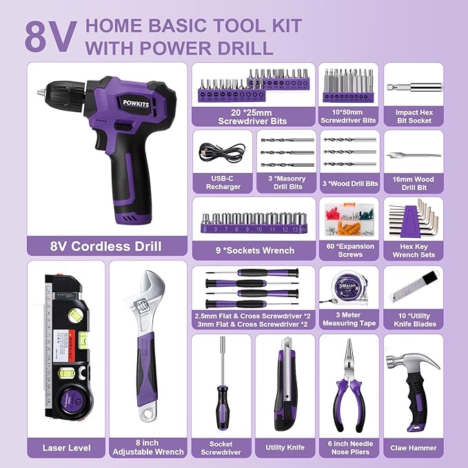 Tool Kit: 139 PCS Cordless Drill Set with Li-Ion Battery, 8V Power Drill with Type-C Charging, Portable Basic Home Tool Set for DIY Projects (Purple-A)
