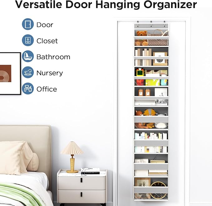 Mefirt Over The Door Organizer, 8 Shelf Door Hanging Organizers with 8 Large Capacity Pockets, Back of Door Organizer Storage Hanging Shelves for Closet Bathroom Bedroom Nursery