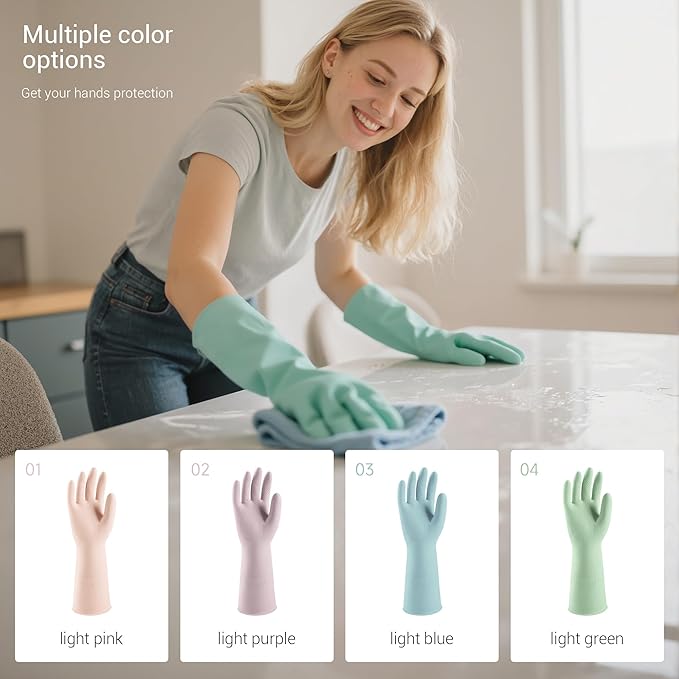 ThxToms 4 Pairs Reusable Rubber Gloves, 13" Natural Latex, 10mil Thick Heavy Duty Dishwashing & Cleaning Gloves, Non-Slip Grip, Multi-Color, Ideal for Kitchen, Bathroom, Car, & Garden Cleaning, Small