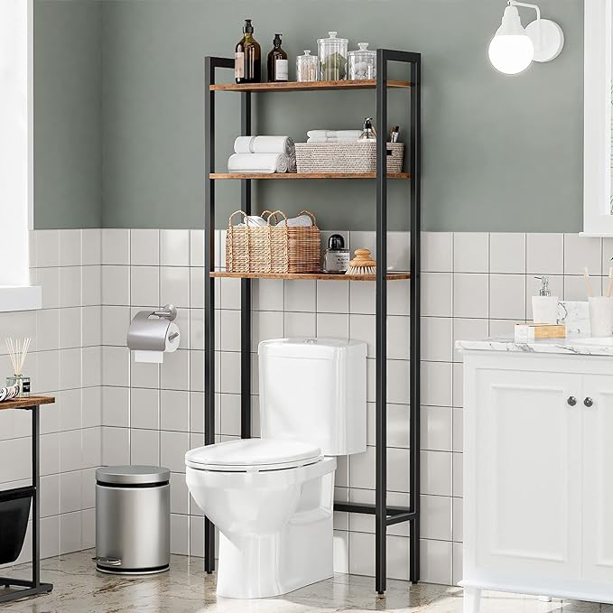 HOOBRO Over The Toilet Storage, 3-Tier Bathroom Organizer Shelf Over Toilet, Freestanding Bathroom Storage Shelves, Space Saver, Easy to Assemble for Room, Rustic Brown and Black BF41TS01