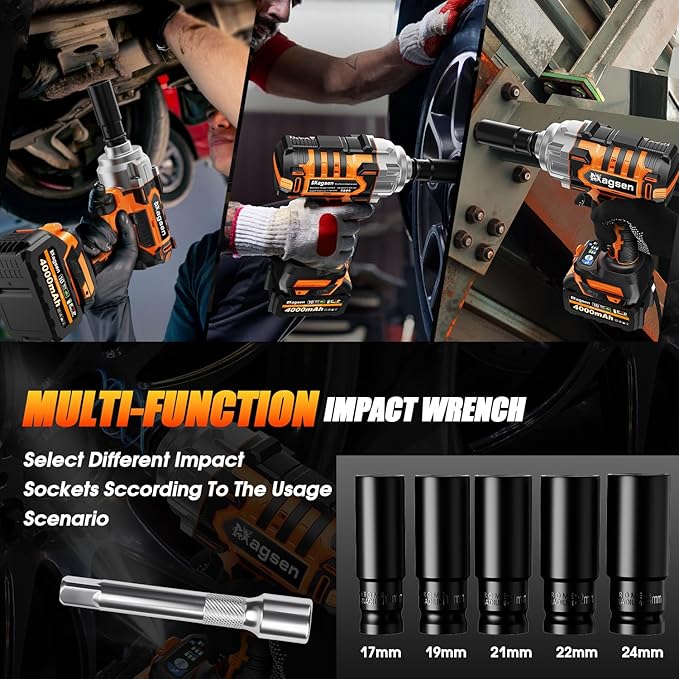 1500N.m Impact Wrench, 1/2" High Torque 1107ft-lbs Cordless Impact Gun with 2 x 4.0Ah Battery, 21V Power Impact Driver with 5 Sockets,LED Light,Electric Impact Truck RV Car Heavy Construction