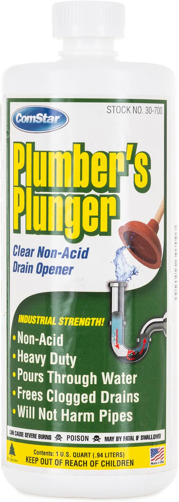 ComStar Plumber’s Plunger, 1 Quart, Liquid Drain Opener, Frees Clogged Drains Fast, Dissolves Hair Grease Soap & Organic Matter, Safe For Pipes, Concentrated Heavy Duty Drain Cleaner, (30-700)