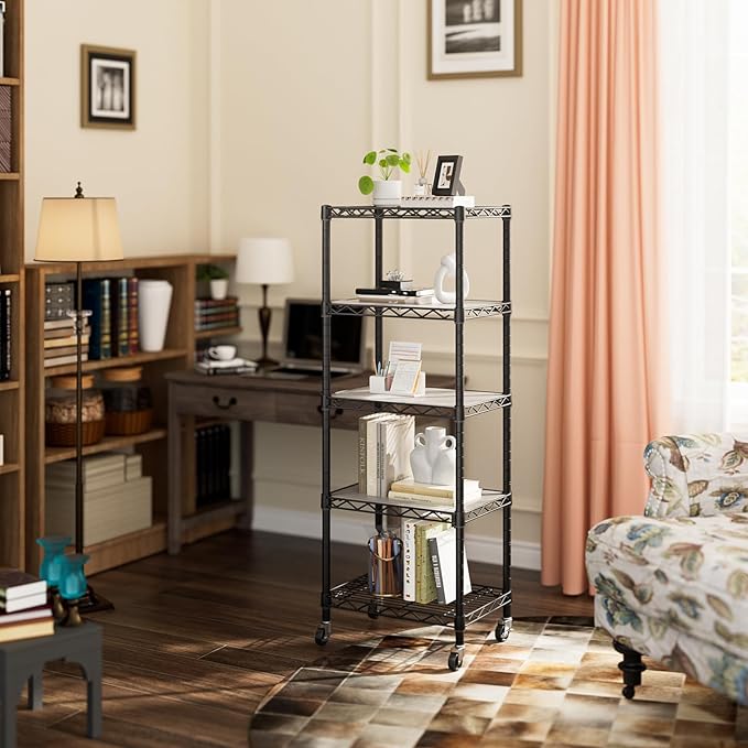 Golpart Small 5 Tier Shelves Storage Wire Shelving Unit Metal Shelf Adjustable Organizers Storage Shelving with Wheels for Bathroom Laundry Room Kitchen Pantry12”D x 18”W x 57.2”H Black