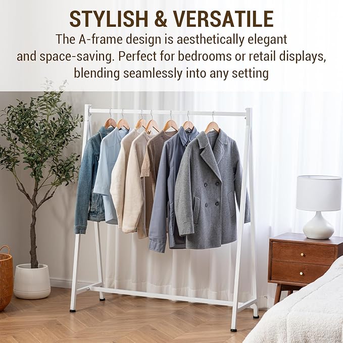 MyGift A-Frame Clothing Rack, 47 Inch Modern Heavy Duty White Metal Wardrobe Clothes Rack, Commercial Grade Freestanding Garment Hanger for Bedroom Closet or Retail Display