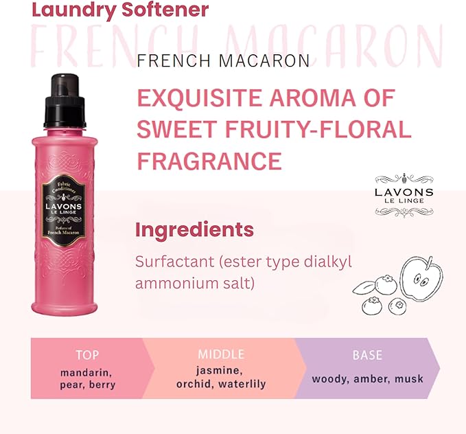 LAVONS Natural Fabric Conditioner for Sensitive Skin, Plant-Based Laundry Softener for Baby & Pet, Reduces Fabric Wrinkles, Long-Lasting Scent & Odor Control from Japan, FRENCH MACARON, 20.3 Fl Oz