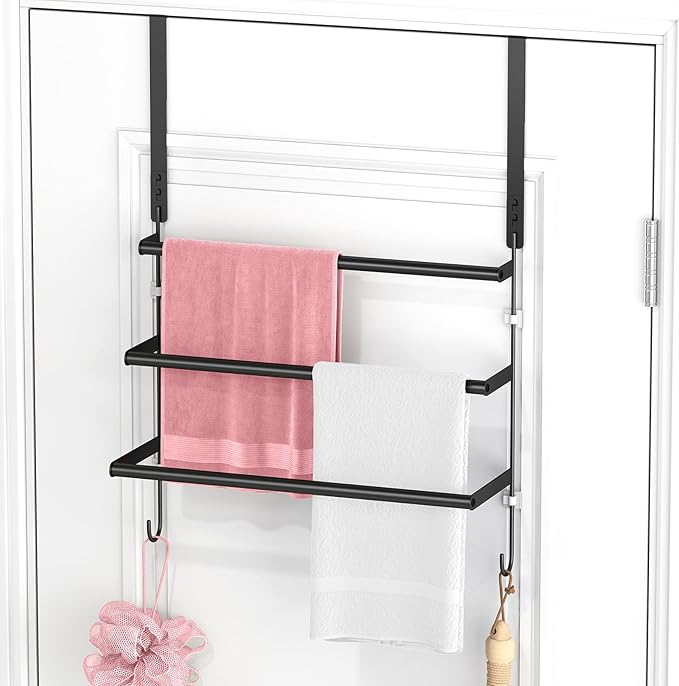 Over The Door Towel Rack,Towel Rack with Hooks for Door Hanging, Door Towel Bar, Over Door Towel Racks for Bathroom (Black)