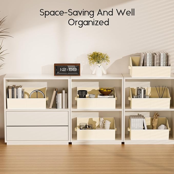 Large Closet Organizers and Storage Bins - 8 Pack Trapezoid Storage Baskets for Shelves, Foldable Fabric Baskets with Handles Ideal for Closet, Basket, Wardrobe and Shelf Storage, Beige