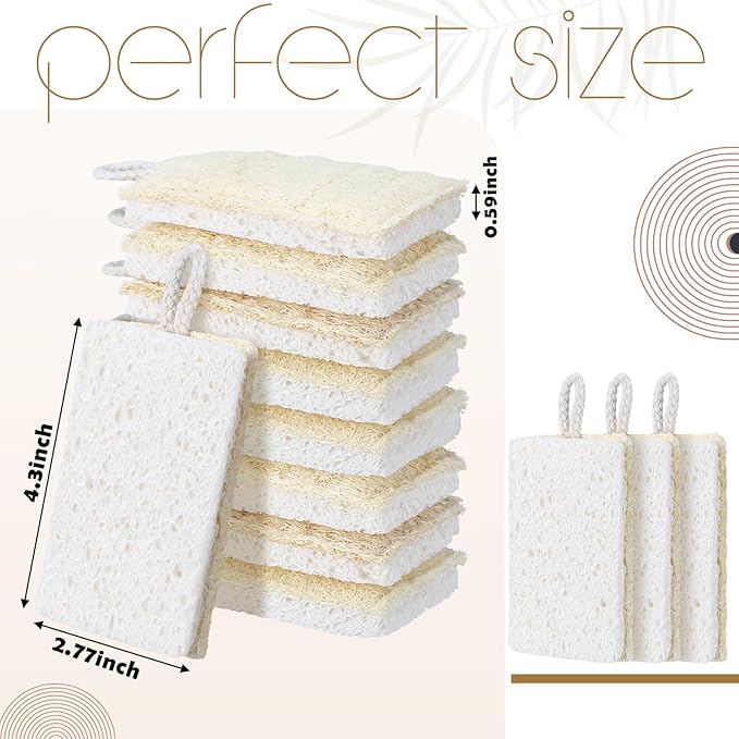 Sliner 12 Packs Natural Kitchen Sponges Compostable Dish Sponges Loofahs Cellulose Scrubbers for Dishes, Biodegradable Non Scratch Cleaning Power for Kitchen Bathroom Household
