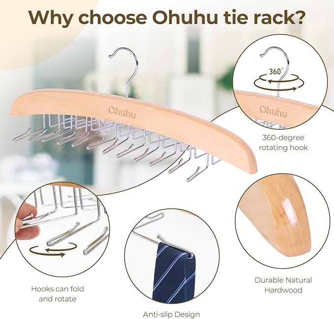 Tie Rack Hanger for Closet: Ohuhu 2 Packs 24 Folding Hooks Tie Hangers for Men Wooden Tie Holder Organizer Space Saving Necktie Storage 360 Degree Rotating Ties Belts Scarves Tank Tops-Burlywood
