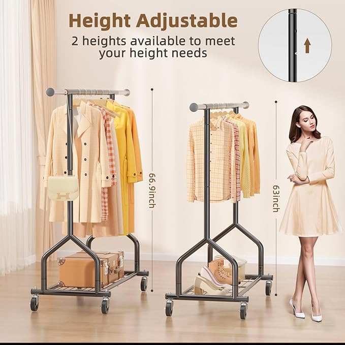 EAGMAK Heavy Duty Clothes Rack Load 424 LBS, Rolling Clothing Rack With Shelves, Adjustable Metal Clothes Hanger with Wheels, Portable Wardrobe Organizer Garment Rod for Hanging Clothes (Black)