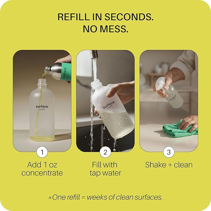 Everneat Probiotic Surface Cleaner Concentrate – Cleans for Days, Refillable, Non-Toxic | Glass Spray Bottle | Unscented | 1 oz (Just Add Water)