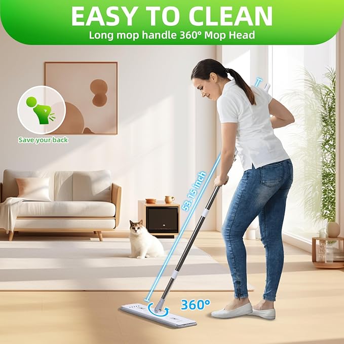 Mop and Bucket Set: 360° Flat Squeeze Mop with Long Handle & Wringer Bucket, 6 Washable Microfiber Pads for Kitchen, Bathroom, Wall Cleaning, Wet Dry Use, Lovely Gift for Women