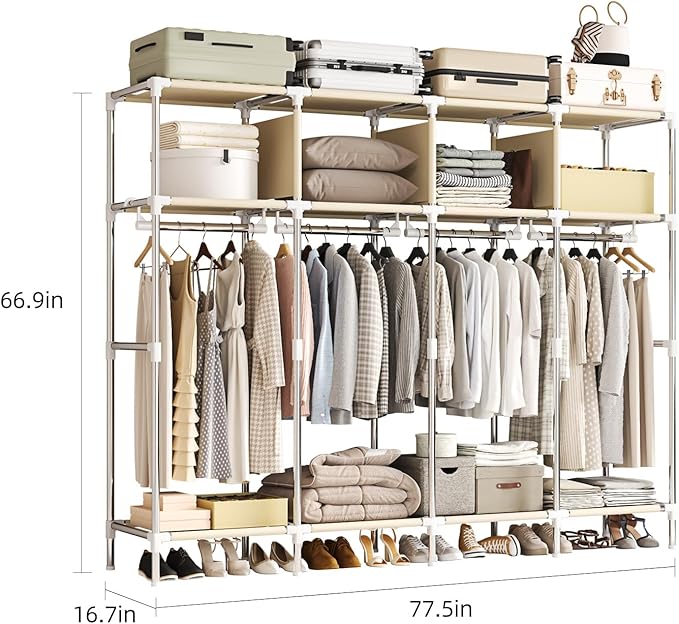 Large Portable Armoire Wardrobe Closet with 4 Hanging Rods and Lockers,Metal Storage Wardrobe Clothes Rack with Dust Cover for Clothes,16.7 in Wide,Bedroom,Gray (Brown, 77.5 in)
