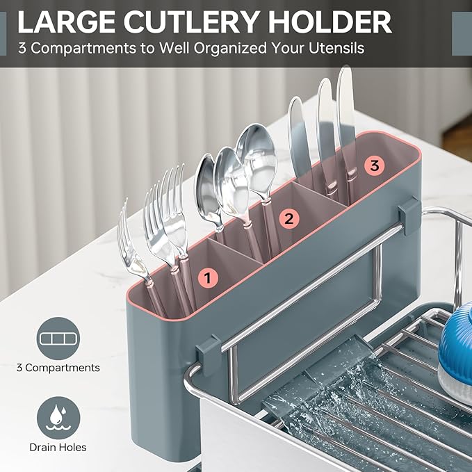 Stainless Steel Dish Drying Rack - Large Capcity 304 Grade Dish Drainer for Kitchen Counter with Drain Board, Utensil Holder & Detachable Cup Shelf, Rustproof Multifunctional Organizer, Green