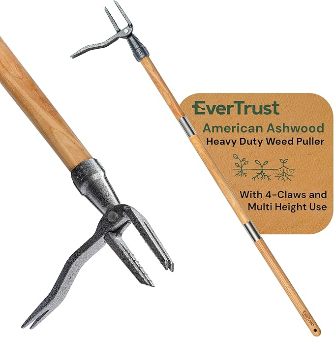 4-Claw Stand Up Weed Puller Tool with Long Handle - Adjustable 30"- 44" Heavy Duty Metal Head Weeder Tool with American Ashwood Handle, Easy Gardening Weed Removal, No Bending or Kneeling