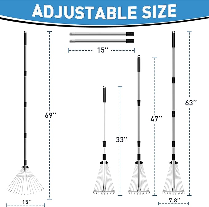 Garden Rake for Leaves, Heavy Duty Metal Adjustable Leaf Rake for Lawns, Length 37"-68", Adjustable Expandable Head 8"-15", Garden Tools for Lawn Garden Yard Flowers Beds Bush