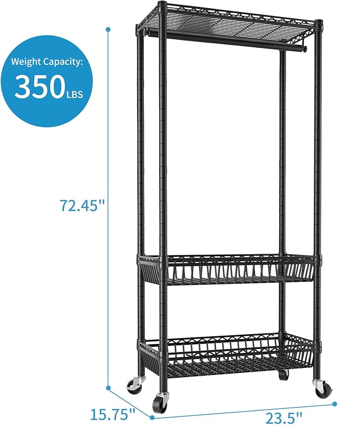 Heavy Duty Clothes Rack Rolling Garment Rack,3 Tier Adjustable Wire Shelving Clothing Racks for Hanging Clothes with Double Rods&Side Hooks,Freestanding Wardrobe Storage Rack Metal Portable Closet