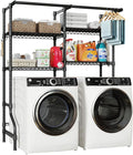 ULIFHOME U14 Over Washer and Dryer Storage Shelves, 4 Tiers Laundry Room Storage and Organizer System, Space Saving Clothes Drying Rack with 2 Clothes Hanger Rods, 66.5" W x 20.5" D x 77.4" H, Black