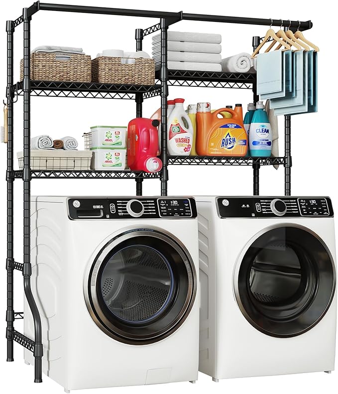 ULIFHOME U14 Over Washer and Dryer Storage Shelves, 4 Tiers Laundry Room Storage and Organizer System, Space Saving Clothes Drying Rack with 2 Clothes Hanger Rods, 66.5" W x 20.5" D x 77.4" H, Black