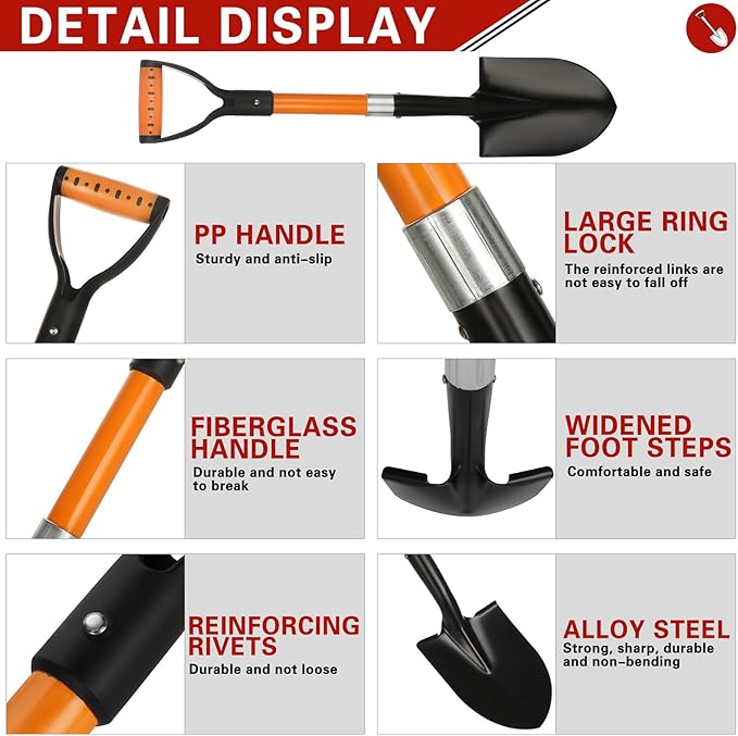28-Inch Mini Garden Shovel, Kids Small Shovel, Fiberglass Handle with D-Grip & Alloy Steel Head for Car Emergency Kit, Beach, Planting & Light Duty Digging