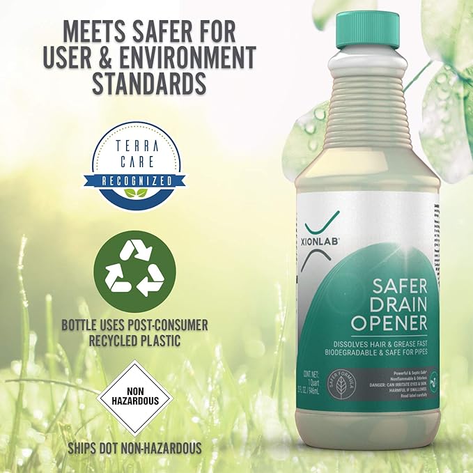 XionLab Safer, Greener Drain Clog Remover – Industrial-Strength Liquid Drain Cleaner for Hair & Grease – Septic Safe, Odorless, Biodegradable for Bathroom Sink, Bath Tub, & Shower Drain – 32 oz