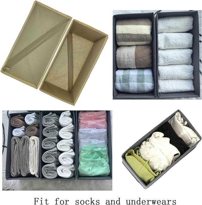 Bructhun Sock Drawer Organizer 6 Pack - Collapsible Fabric Storage Bins for Underwear Divider, Small Closet Organizers with 6 Compartments, Khaki