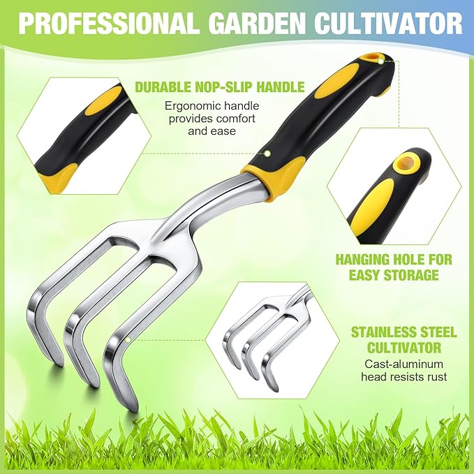 12 Pcs Hand Rake Garden Tool Mini Rake Heavy Duty Garden Cultivator 11 Inches Small Rake for Gardening Aluminum Alloy Hand Tiller with Soft TPR Handle for Digging Weeding Loosening Soil