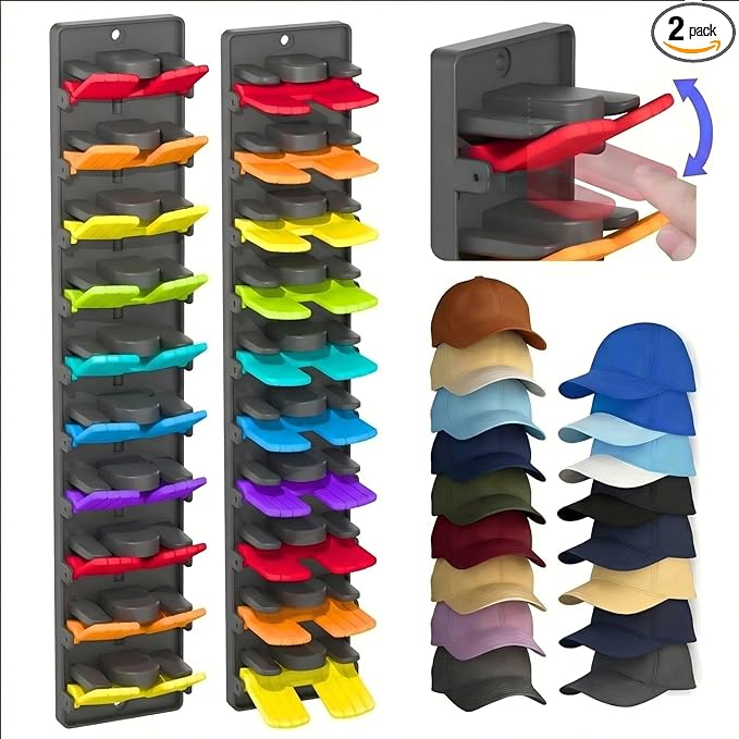 JBD Multicolor Hat Organizer for Baseball Caps, 2-Pack Wall Mounted Hat Rack Holds 20 Hats, Innovative Auto-Grip Clips Hat Holder for Closet Door & Bedroom, Damage-Free Room Decor Cap Storage