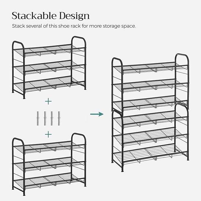 SONGMICS Shoe Rack, 3 Tier Shoe Organizer for Closet, Holds up to 12 Pairs of Shoes, Shoe Rack for Front Door Entrance, Metal Shoe Shelf with Adjustable Tilt Angle, for Entryway, Garage, Black