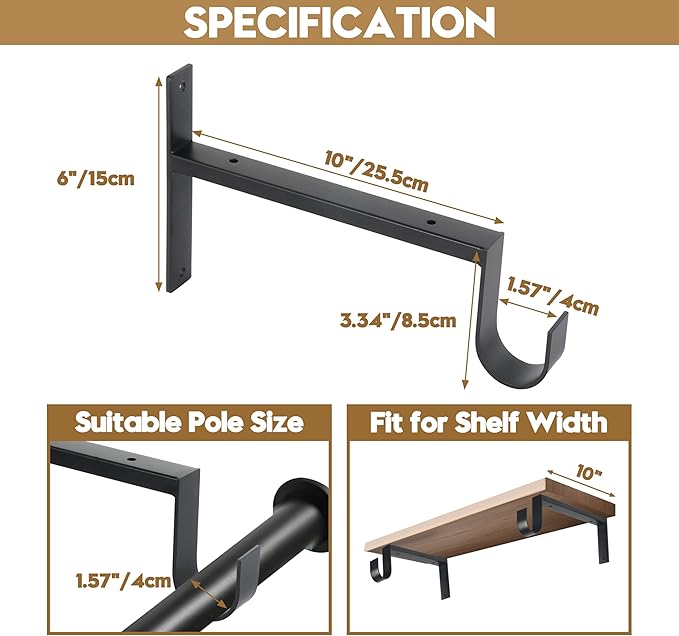 AddGrace Heavy Duty Closet Rod and Shelf Brackets 10 Inch Wall Mounted Closet Rod Bracket with Pole Holder Shelving Support with Screws for Laundry (2 Pack)