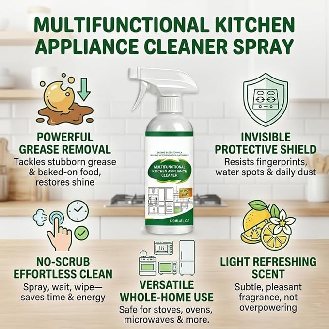 Multifunctional Kitchen Appliance Cleaner Spray Pro Powerful Grease Stain Removal Invisible Protective Layer Effortless Scrub Free Versatile Whole Home Use Light Refreshing Scent 4oz(1Pc)