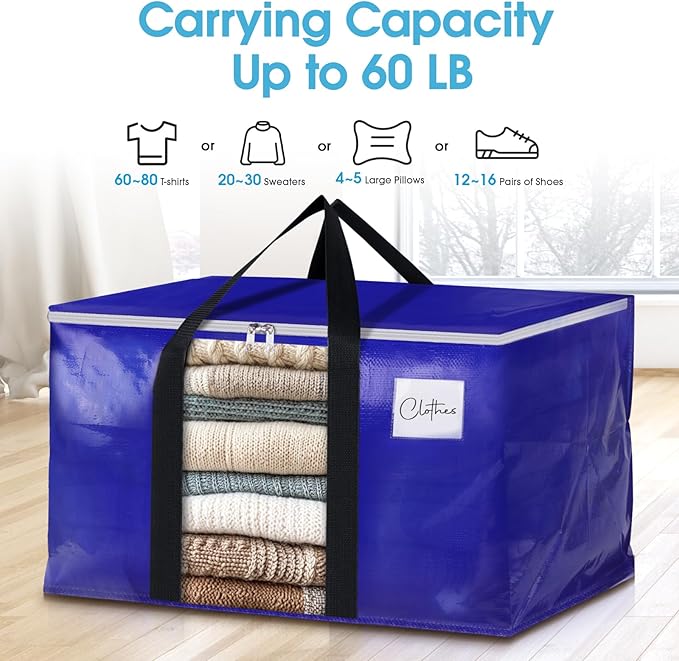 BlissTotes 10 Pack Moving Bags with Clear Window, Storage Bags with Strong Carrying Handles & Zippers,Large Packing Bags for Saving Space, Alternative to Moving Boxes(Blue,20 Gallon)