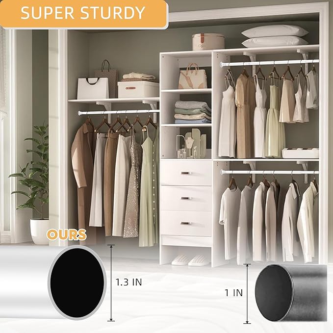 1.3 Inch Diameter Closet Rods for Hanging Clothes, Metal Heavy Duty Closet Rod 17-64 Inch Adjustable, White Closet Bar for Hanging Clothes, Suitable for Closet, Wardrobes, Bathroom, Windows