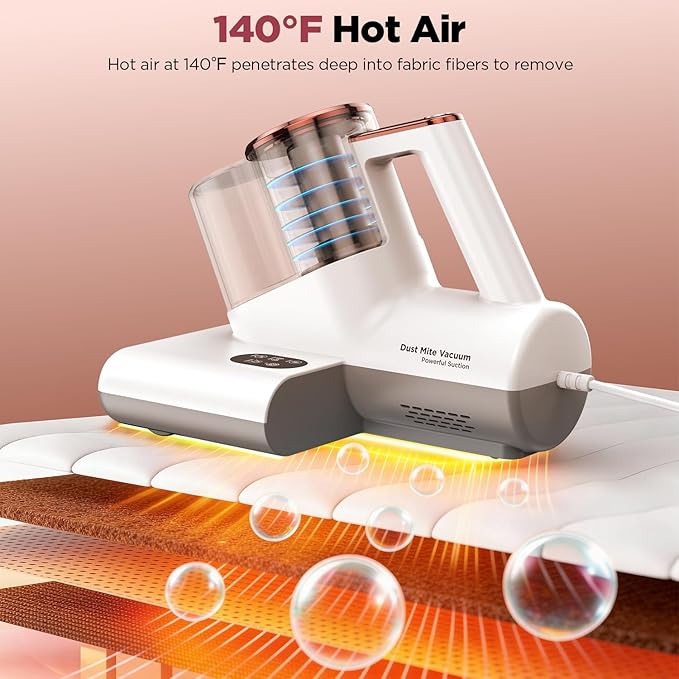 DEVINC Mattress Vacuum Cleaner, 16Kpa 650W Bed Vacuum Cleaner with 245nm UV-C Light& Ultrasonic, 140°F Heat, HEPA Filter, Versatile Handheld Vacuums for Bed, Sofa, Couch, Crib, Beige Corded