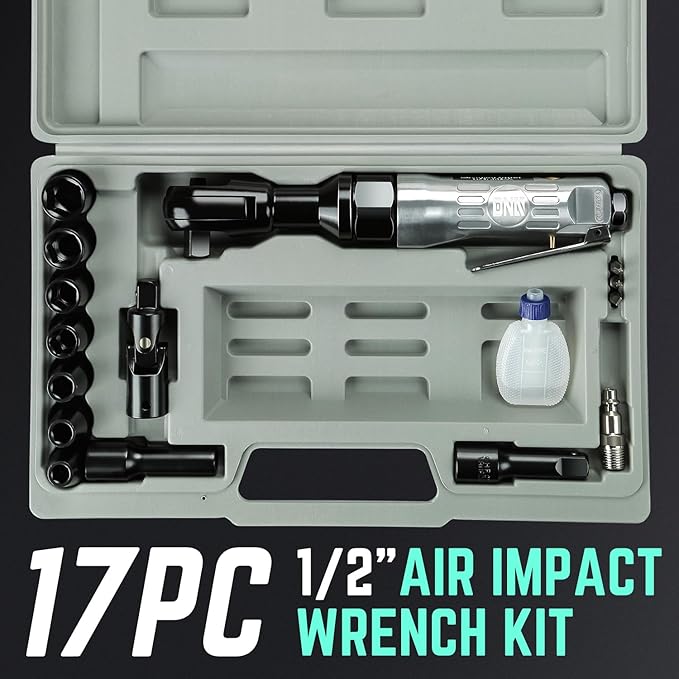 DNA MOTORING 17 Pcs 1/2-Inch Air Ratchet Wrench Set 50 FT.-LB / 69 N.M Electric Ratchet Wrench Set for Repairs, Machinery Maintenance Assembly, W/Case, Sliver/Black, TOOLS-00529