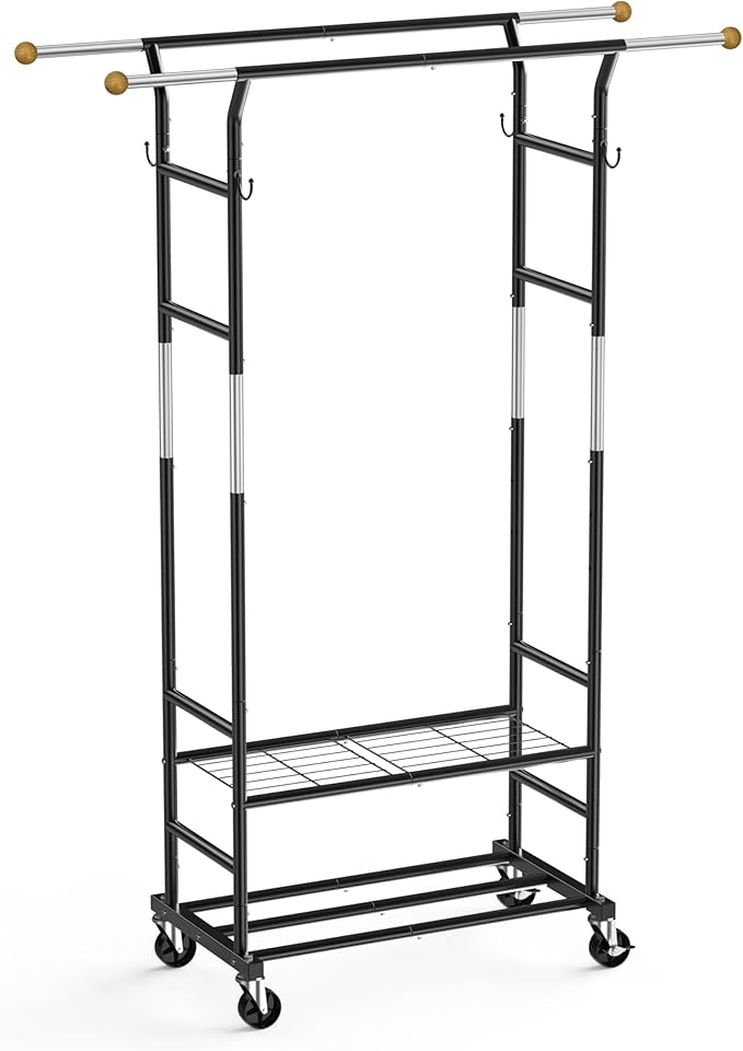 Clothes Rack with 3-Level Height Adjustment - Double Rod Extendable Hanging Rails with Wooden Finials, Luxury 2-Tier Metal Storage Shelves - Sturdy Wardrobe Rack for Closet, Bedroom or Laundry